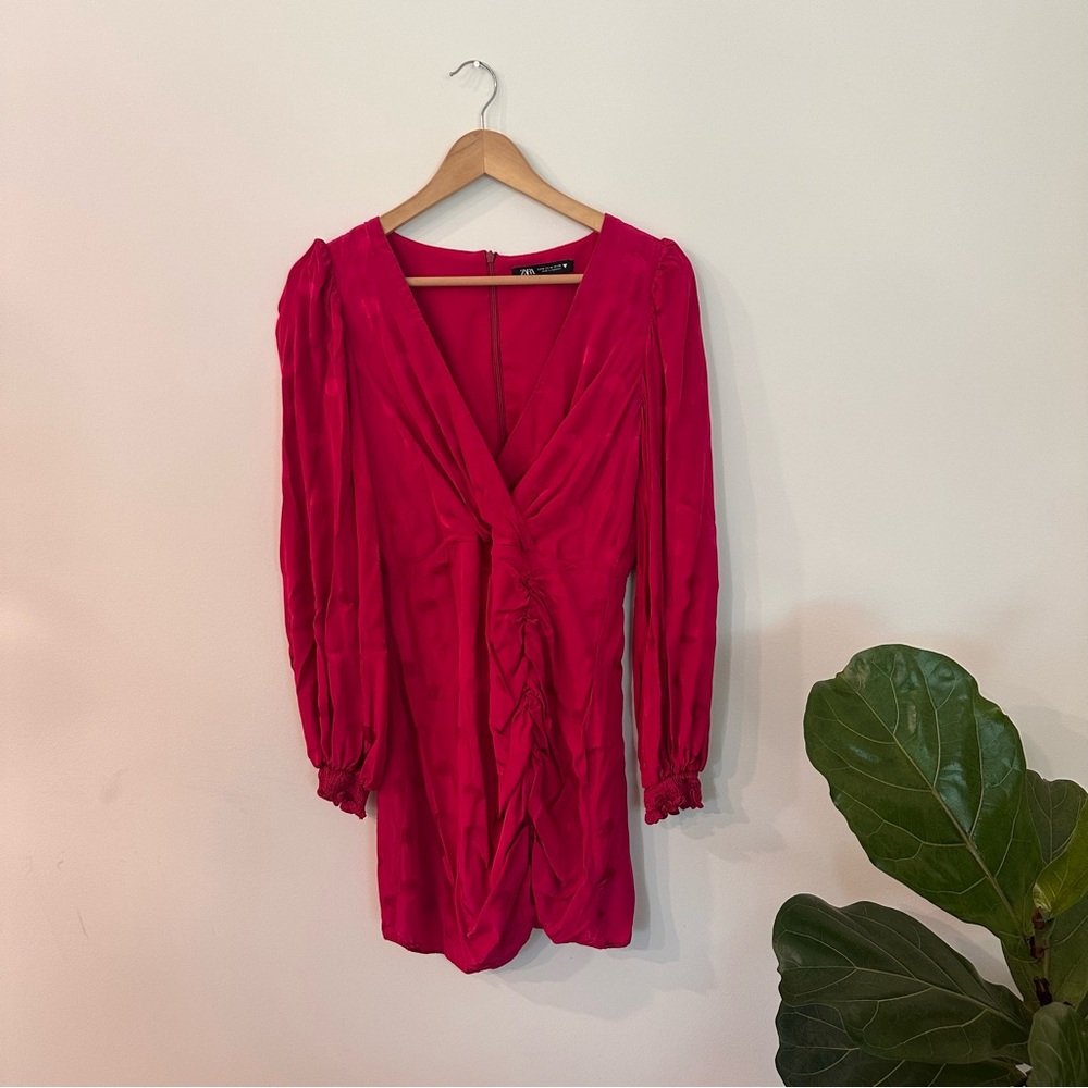 Zara Polka Dot Satin V Neck Ruched Long Sleeve Dress Magenta Size Medium - Picture 3 of 10
